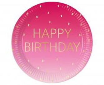 Talerzyki papierowe Pink Happy Birthday 23cm 8szt