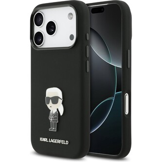 Karl Lagerfeld Liquid Silicone Metal Ikonik kryt iPhone 17 Pro černý