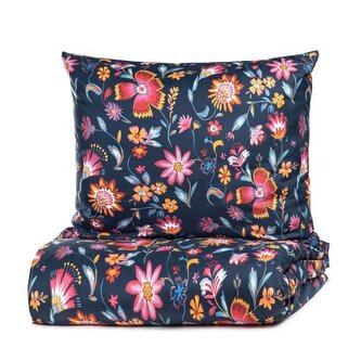 Pościel | VABEL | z mikrofibry granatowa w liście i kwiaty | 140x200 cm + 1*70x80 cm | 881638