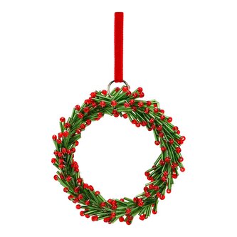 Skleněný vánoční věnec 9 cm na zavěšení, zeleno-červený kruh