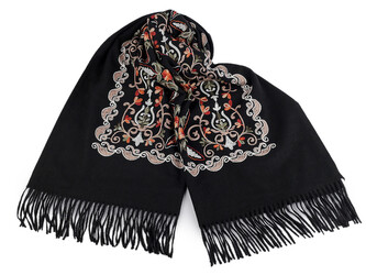 Velký teplý šátek / pléd vyšívaný s třásněmi, typu kašmír 70x180 cm - 1 ks - 4 černá multikolor