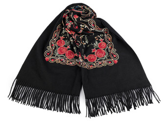 Velký teplý šátek / pléd vyšívaný s třásněmi, typu kašmír 70x180 cm - 1 ks - 3 černá červená
