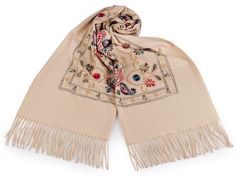 Velký teplý šátek / pléd vyšívaný s třásněmi, typu kašmír 70x180 cm - 1 ks - 1 béžová světlá