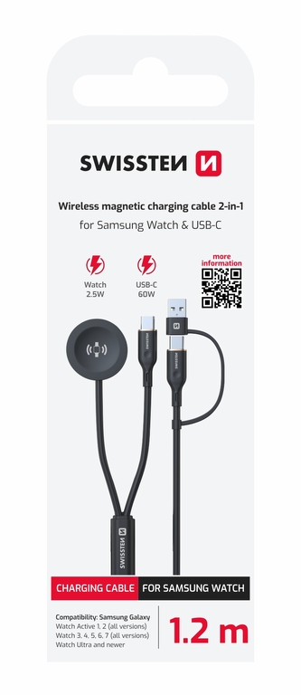 SWISSTEN MAGNETICKÝ KABEL 2v1 PRO SAMSUNG GALAXY WATCH A USB-C, USB-C (USB-A) 1.2 M ČERNÝ