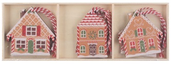 Dřevěné domky barevné na zavěšení cca 6 x 6 x 0,5 cm, 6 ks v krabičce