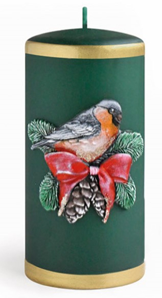 Świeca ZIMOWY PTASZEK walec duży 7x17,5cm parafinowa zielona