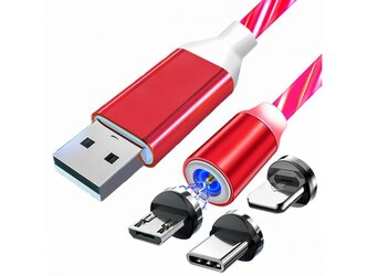 Magnetický nabíjecí USB kabel s LED podsvícením, 3v1, 1m, červený KAXL