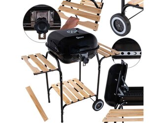 Gril na dřevěné uhlí, s nastavitelným roštem 40x40cm, víkem a dřevěnými policemi GEKO