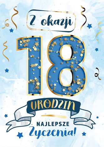 Karnet KF 18 Urodziny niebieskie, konfetti KF-010