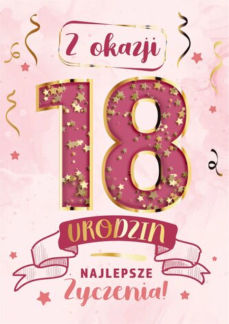 Karnet KF 18 Urodziny różowe, konfetti KF-009