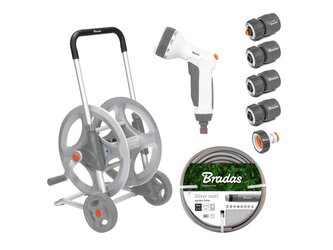 Pojízdný naviják WHITE LINE s hadicí 1/2" 20 m a příslušenstvím SILVER PRO SET, kovový - BRADAS