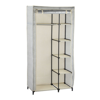 MSV látková šatní skříň, 6 přihrádek + tyč na ramínka, šedá, PP, železná konstrukce