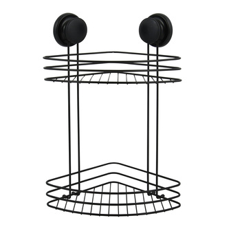 MSV rohová polička s přísavkami MEGA VENTOUSES, do koupelny, 2 patra, černá, ocel, 21,5 cm