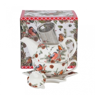 Porcelánová konvička s hrnkem a podšálkem VÁNOČNÍ PTÁČCI 1 v krabičce 300/450 ml