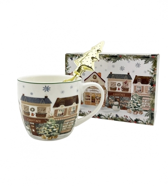 Porcelánový hrnek VÁNOČNÍ MĚSTO 2, 460 ml v krabičce s kovovým sítkem na čaj
