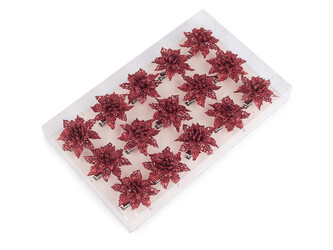 Vánoční hvězda s glitry a klipem - 15 ks - 4 červená