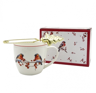 Porcelánový hrnek VÁNOČNÍ PTÁČCI 3, 460 ml v krabičce s kovovým sítkem na čaj
