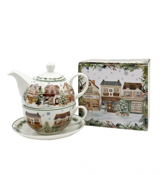 Porcelánová konvička s hrnkem a podšálkem VÁNOČNÍ MĚSTO 2 v krabičce 300/450 ml