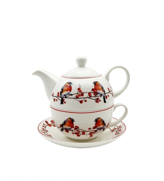 Porcelánová konvička s hrnkem a podšálkem VÁNOČNÍ PTÁČCI 3 v krabičce 300/450 ml
