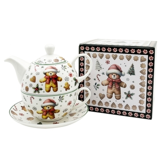 Porcelánová konvička s hrnkem a podšálkem VÁNOČNÍ PERNÍČEK MEDVĚD v krabičce 300/450 ml