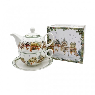 Porcelánová konvička s hrnkem a podšálkem VÁNOČNÍ VESNICE v krabičce, 300/450 ml