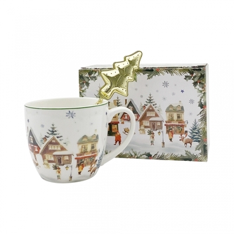 Porcelánový hrnek VÁNOČNÍ VESNICE, 460 ml v krabičce s kovovým sítkem na čaj