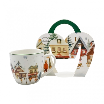 Porcelánový hrnek VÁNOČNÍ VESNICE, 460 ml v papírovém košíku