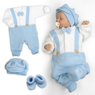 Rostoucí pletený overálek 3D Hand Made malý Elegán - sv. modrý, bílá, 68/74; 68/74 (6-9m); bílá, modrá; akryl, bavlna