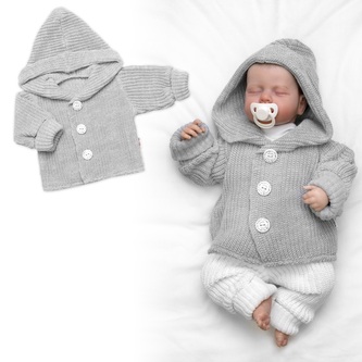 Pletený svetřík s kapucí a knoflíčky Made with Love, šedý, vel. 68/74; 68/74 (6-9m); šedá; akryl, bavlna