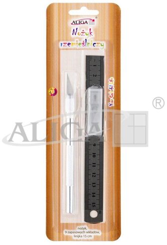 Nożyk rzemieślniczy NOZ-1106 zaw. 9 zapasowych wkładów i linijkę, Aliga