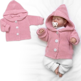 Pletený svetřík s kapucí a knoflíčky Made with Love, růžový, vel. 68/74; 68/74 (6-9m); růžová; akryl, bavlna