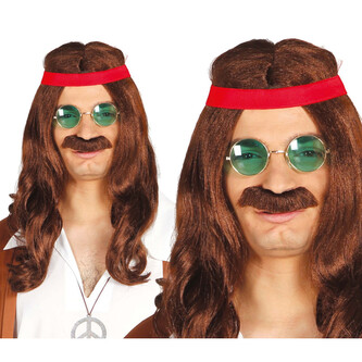 Pánská hnědá hippie paruka s čelenkou a knírem