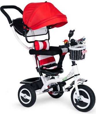ECOTOYS Tříkolka se střechou a vodící tyčí červeno-bílá