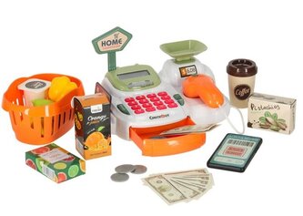 Dětská pokladna se skenerem, kalkulačkou a košíkem + 36 doplňků
