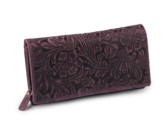 Dámská peněženka kožená s květy - 1 ks - 33 borůvková