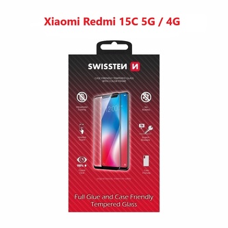 SKLO SWISSTEN FULL GLUE, COLOR FRAME, CASE FRIENDLY PRO XIAOMI REDMI 15C 5G / 4G ČERNÉ