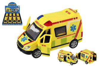 Auto záchranáři, ambulance plast 14,5cm na baterie se světlem, zvukem na setrvačník 8ks box