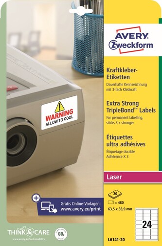 Avery Zweckform L6141-20 Silně lepivé PET etikety 63,5x33,9 mm, bílé Avery Zweckform L6141-20 Silně lepivé PET etikety 63,5x33,9 mm, bílé