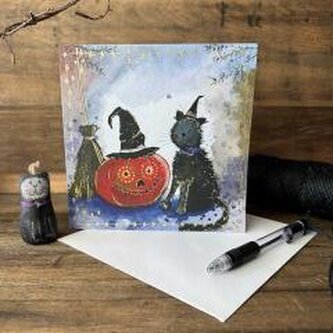 Karnet Halloween kwadrat Kot i dynia Karnet Halloween kwadrat Kot i dynia