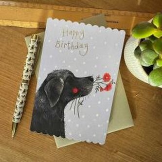 Karnet Urodziny Labrador z kwiatami Karnet Urodziny Labrador z kwiatami