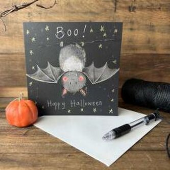 Karnet Halloween kwadrat Nietoperz Boo!