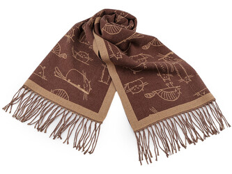 Zimní šála / pléd s třásněmi, kočky 65x180 cm - 1 ks - 15 béžová tm.