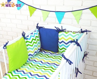 Baby Nellys Polštářkový mantinel s povlečením 135x100cm - č. Blo9; modrá, zelená; bavlna,hypoalergenní duté vlákno