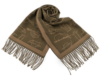 Zimní šála / pléd s třásněmi, kočky 65x180 cm - 1 ks - 17 zelená khaki