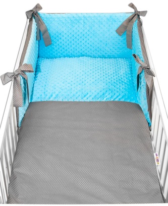 3-dílná sada mantinel s povlečením minky Baby Nellys - Tečky, minky tyrkys/tm. šedá; šedá, tyrkysová; Bavlna, minky