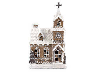 Vánoční hrající kolotoč, svítící kostel - imitace perníku - 1 ks - 2 hnědá přírodní