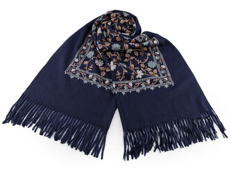 Velký teplý šátek / pléd vyšívaný s třásněmi, typu kašmír 68x165 cm - 1 ks - 6 modrá tmavá