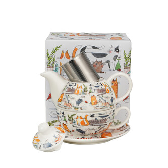 Filiżanka z dzbankiem z zaparzaczem ze stali nierdzewnej Koci Świat LENIWE KOTY