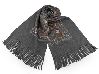 Velký teplý šátek / pléd vyšívaný s třásněmi, typu kašmír 68x165 cm - 1 ks - 8 šedá