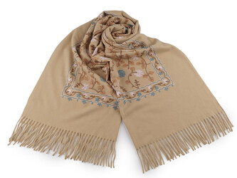 Velký teplý šátek / pléd vyšívaný s třásněmi, typu kašmír 68x165 cm - 1 ks - 2 béžová světlá
